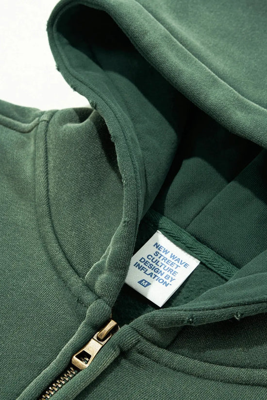 Grøn unisex hættetrøje med hætte, lynlås og kængurulommer
