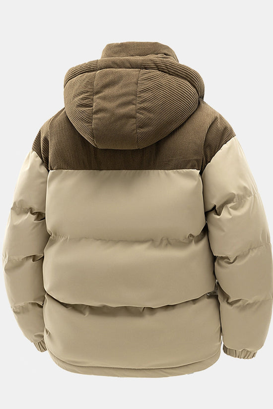 Corduroy patchwork jakke med hætte og polstring
