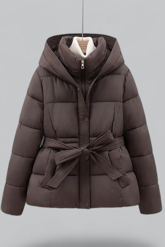 Vatteret dameparka med hætte, bindebælte og lange ærmer