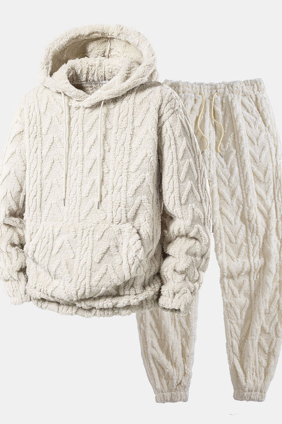 Geometrisk jacquard teddy hoodie og joggerbukser