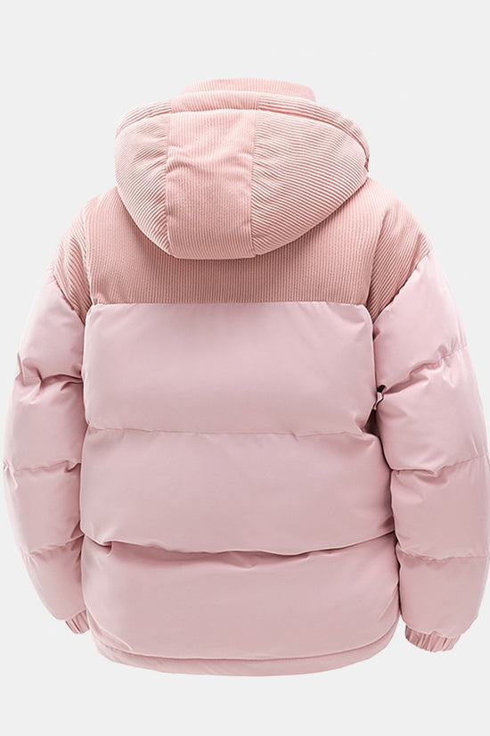 Corduroy patchwork jakke med hætte og polstring