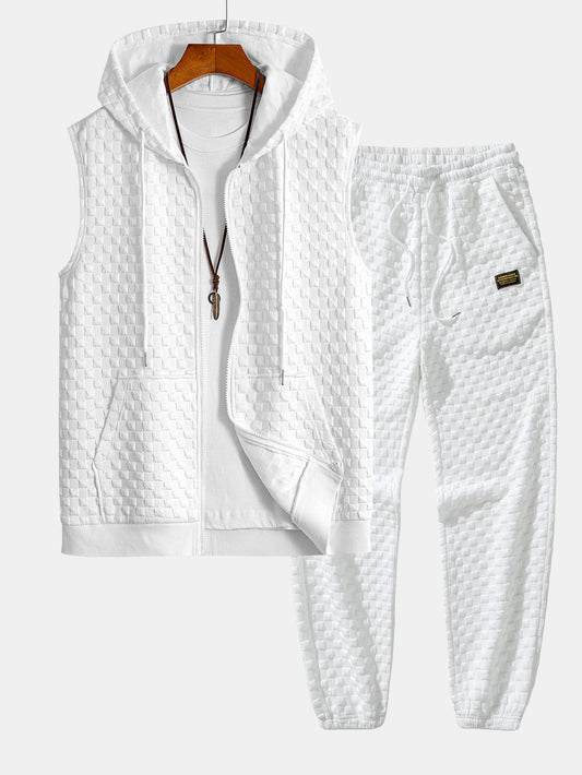 Checkerboard ærmeløs lynlås hoodie & checkerboard jacquard jogger bukser