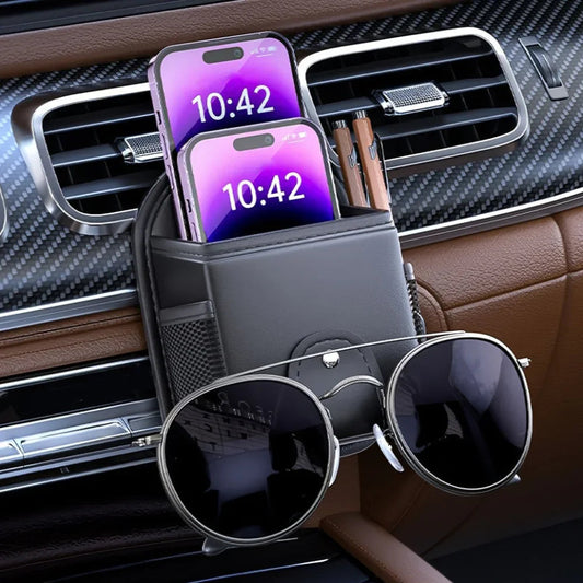 Auto vent organizer i læder med magnetisk telefonholder til bilen