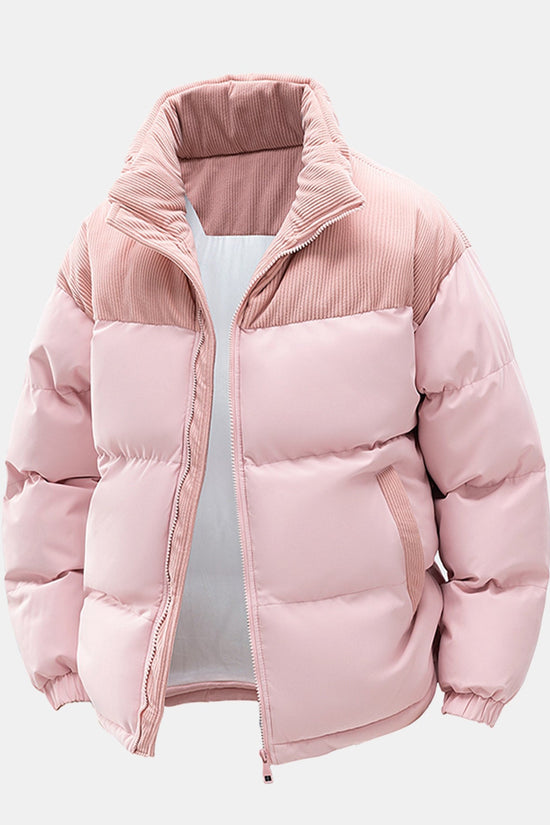 Corduroy patchwork jakke med hætte og polstring