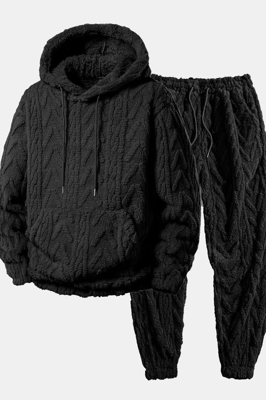 Geometrisk jacquard teddy hoodie og joggerbukser