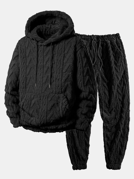 Geometrisk jacquard teddy hoodie og joggerbukser