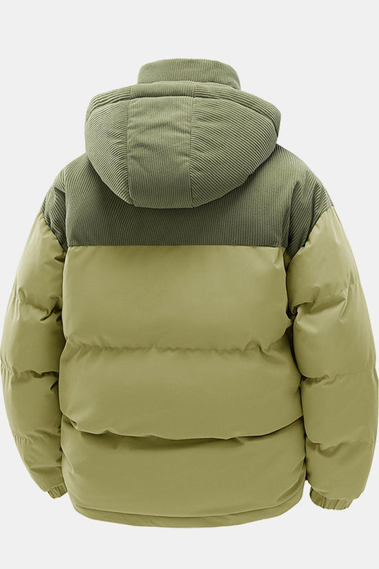 Corduroy patchwork jakke med hætte og polstring