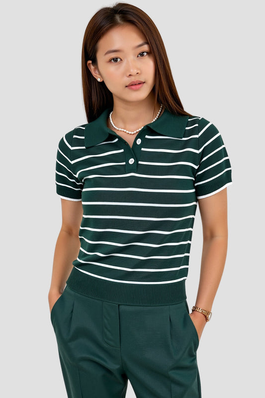 Stribet Polo T-shirt i Mørkegrøn