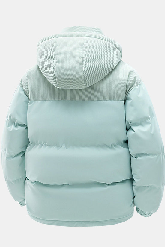 Corduroy patchwork jakke med hætte og polstring