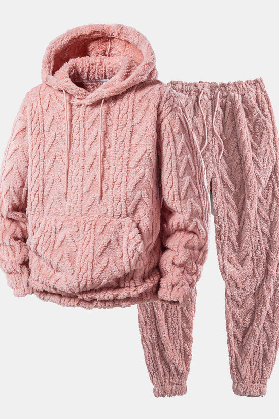 Geometrisk jacquard teddy hoodie og joggerbukser