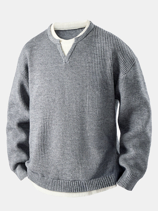 Strikket Trøje med Splittet Krave, Lagdelt Design, Regular Fit