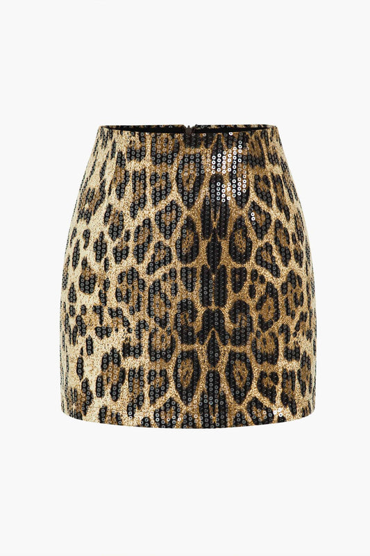 Lunaria | Glamourøs Mini Nederdel med Pailletter og iøjnefaldende Leopardprint