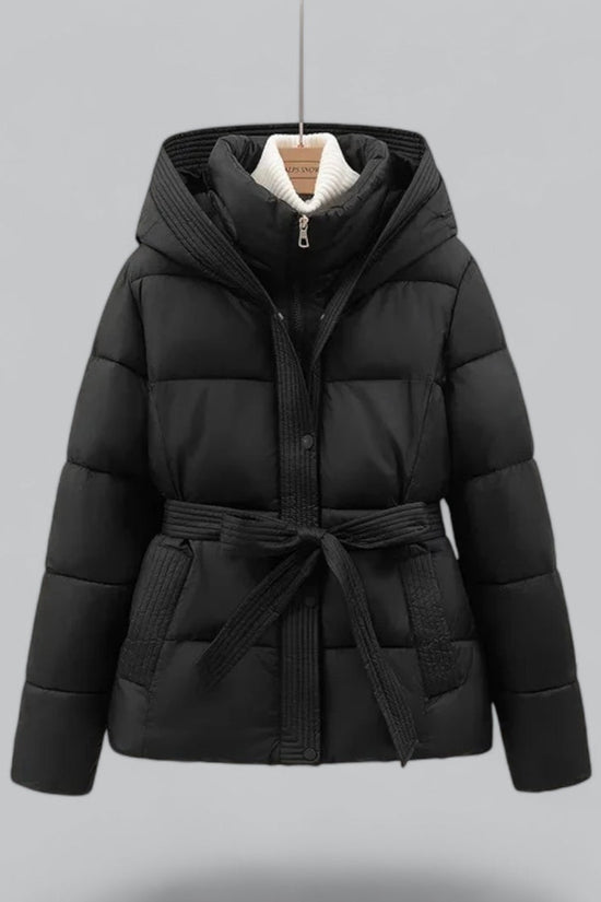 Vatteret dameparka med hætte, bindebælte og lange ærmer