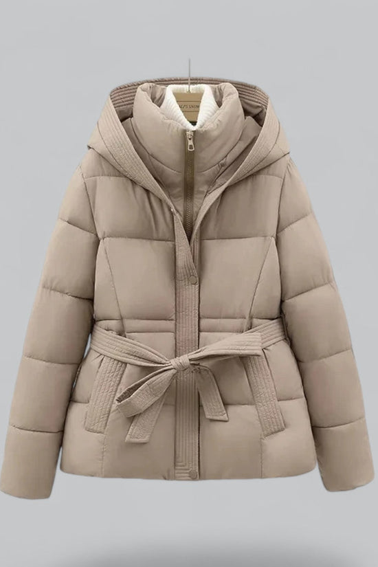 Vatteret dameparka med hætte, bindebælte og lange ærmer