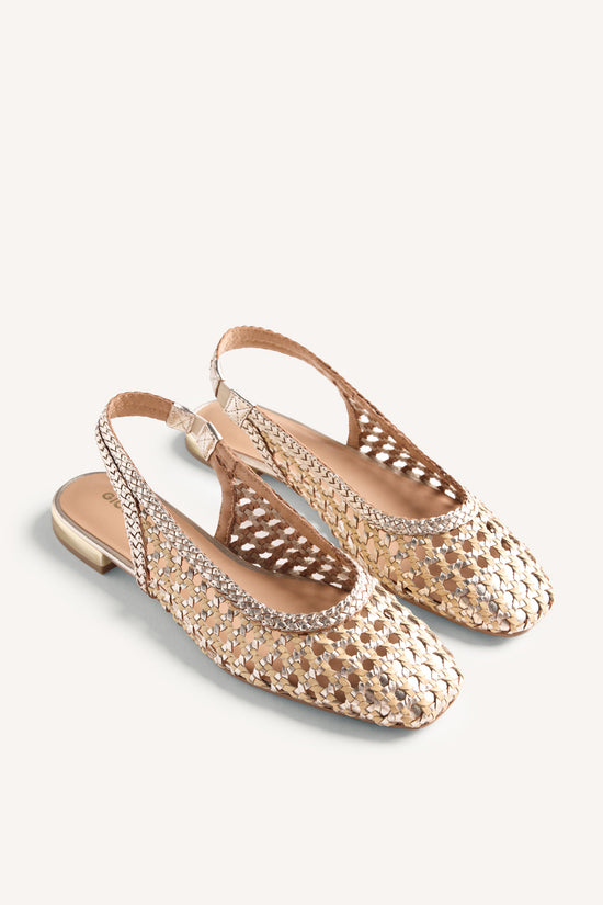 Beige flettede ballerinaer med slingback-rem, firkantet tå og lav hæl
