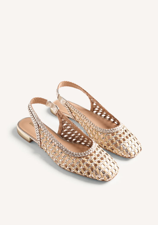 Beige flettede ballerinaer med slingback-rem, firkantet tå og lav hæl
