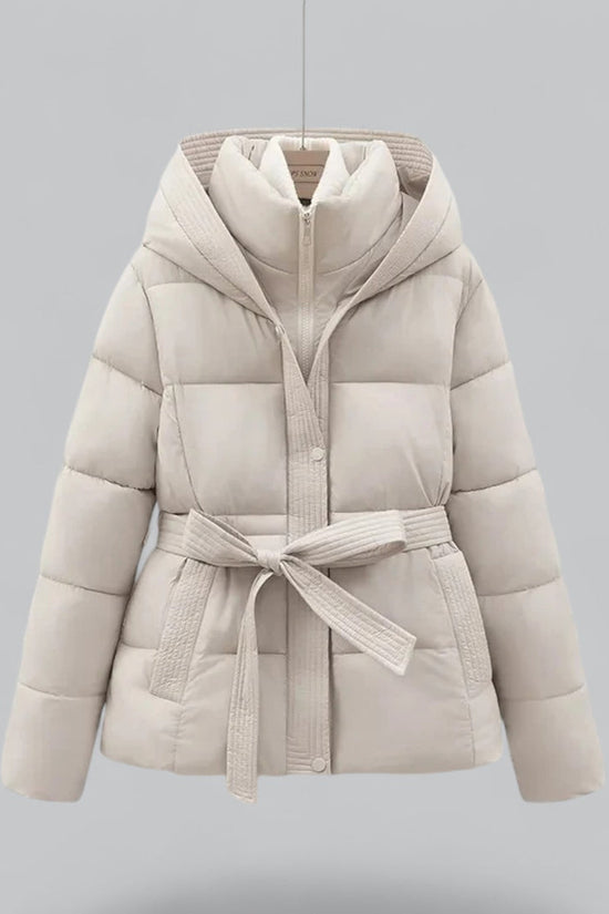 Vatteret dameparka med hætte, bindebælte og lange ærmer