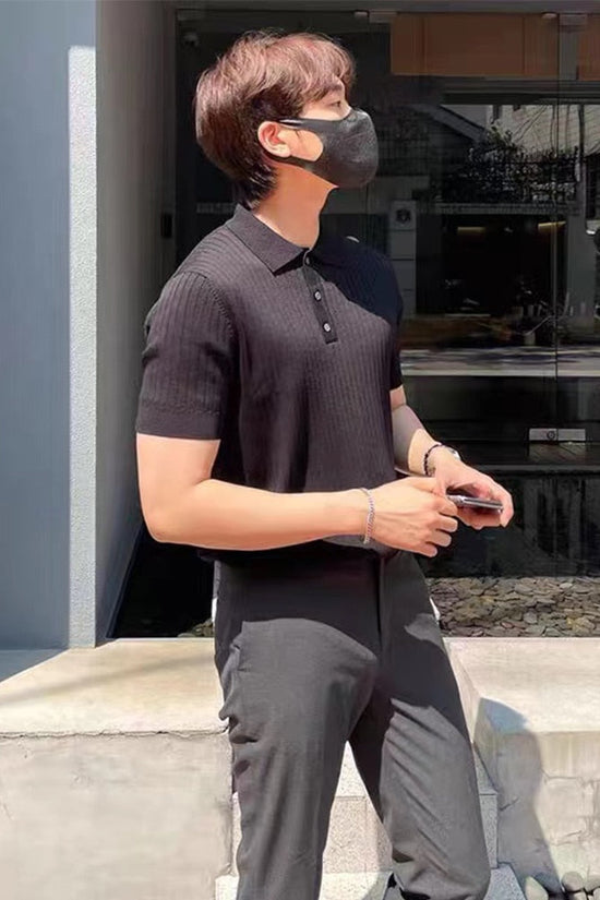 Ribbed Polo Shirt | Men's Short Sleeve Polo with Button Closure