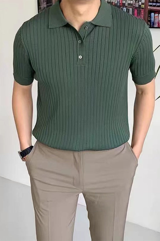Ribbed Polo Shirt | Men's Short Sleeve Polo with Button Closure