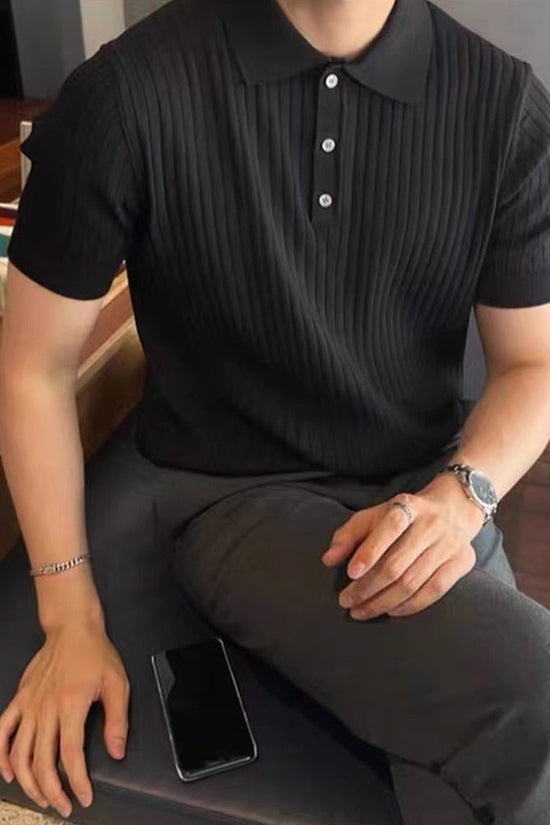 Ribbed Polo Shirt | Men's Short Sleeve Polo with Button Closure