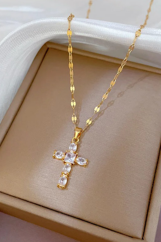 Zirkonia Kors Halskæde, 18K Guldbelægning, 40+5 cm