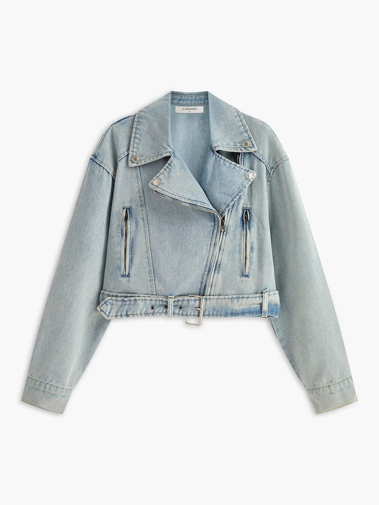 Stilfuld Cropped Denim Bikerjakke