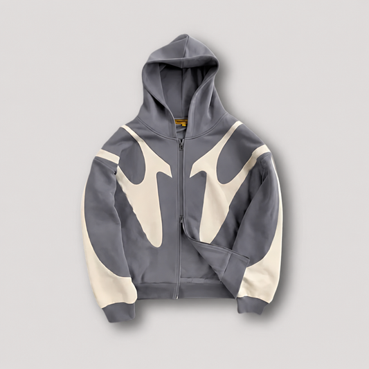 Herrehoodie med hætte, lynlås og grafisk kontrastmønster