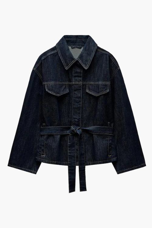 Dame-Denim-Sæt – Stilfuld Taljeret Jeansjakke med Bælte & Bred Højtaljet Bukser