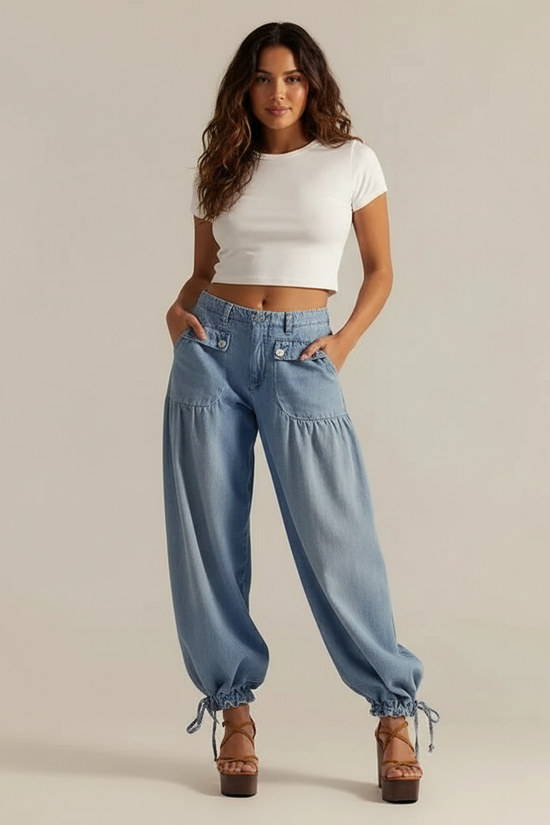 Harem Jogger, Denim, Elastiske Manchetter