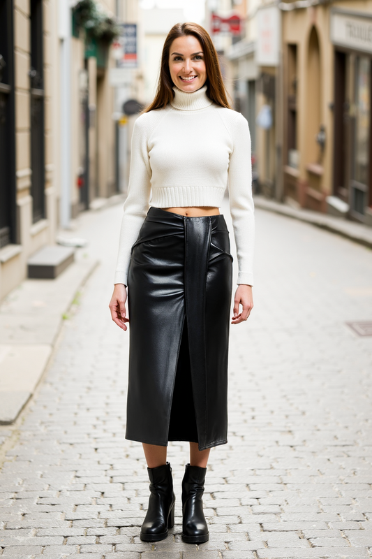 Dorle | Elegant Midi Skirt in Faux Leather with Wrap Design and High Slit