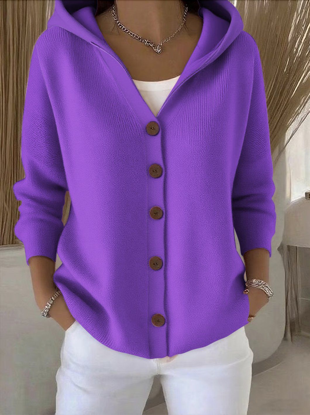 Damecardigan med hætte, knapper, lange ærmer og farverigt mønster