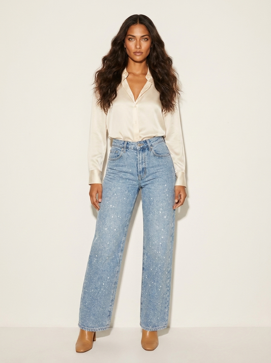 Rechte High Waist Jeans med Subtile Glitterdetaljer – Elodie