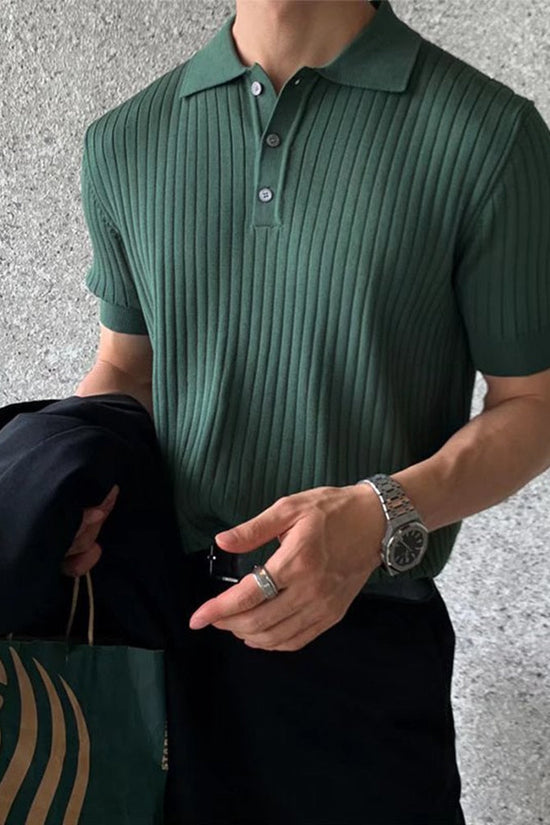 Ribbed Polo Shirt | Men's Short Sleeve Polo with Button Closure