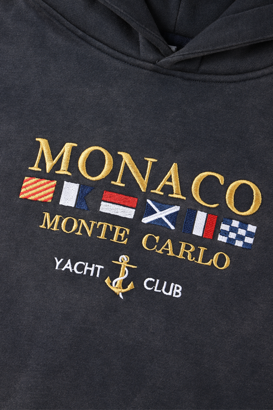 Mørkegrå herre hættetrøje med hætte, kængurulomme og MONACO-fronttryk