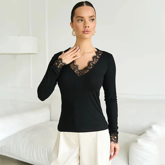 V-Neck Lace Panel Top