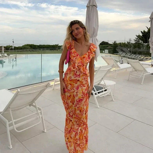 Maxi-kjole med flæser og blomsterprint – elegant sommerstil med et feminint præg