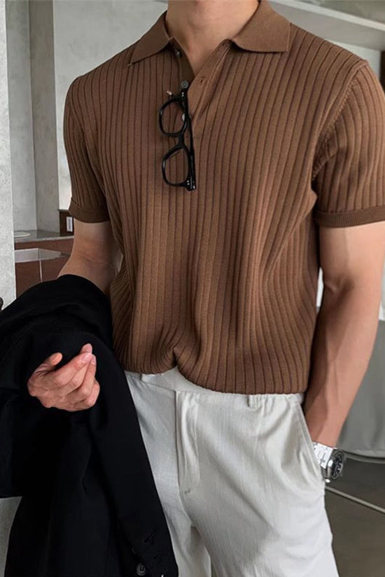Ribbed Polo Shirt | Men's Short Sleeve Polo with Button Closure