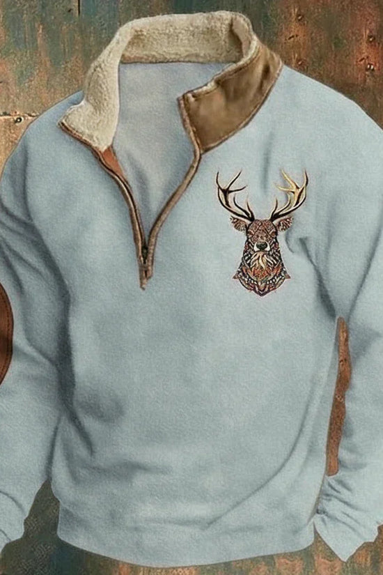 Herre sweatshirt med høj krave, halv lynlås og broderet hjortemotiv