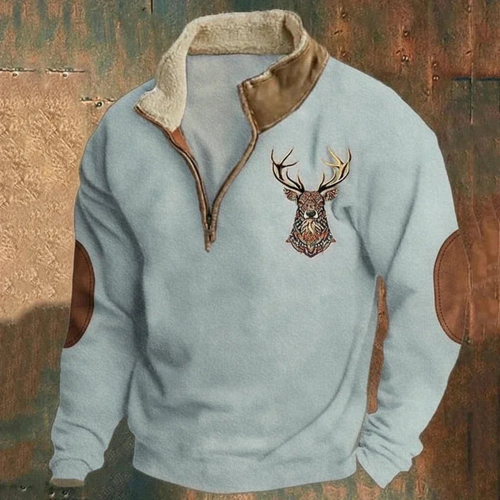Herre sweatshirt med høj krave, halv lynlås og broderet hjortemotiv