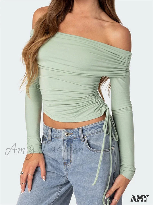 Retro 90'er Off-Shoulder Langærmet Slim Fit Rynket Tie-Up T-Shir