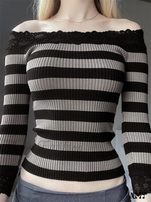 Casual Langærmet Retro Stribet Off-Shoulder T-Shirt