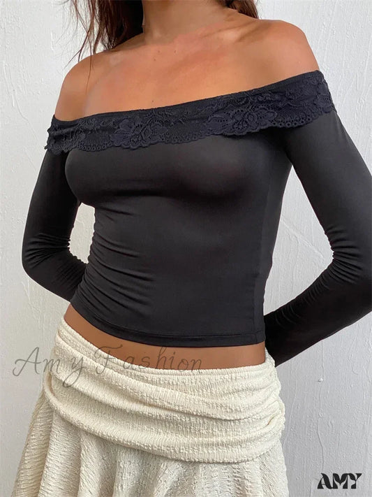 Off-Shoulder Cropped Blonde Patchwork Langærmet T-Shirt Med Bred Hals