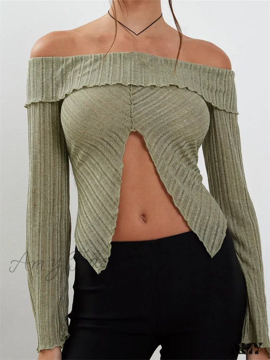 Off-Shoulder Slim Fit Ensfarvede T-Shirts Med Bred Hals
