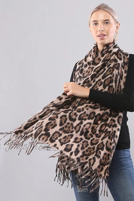 Langt Dobbelt-Sidet Leopardprint Tørklæde med Frynser - Varmt og Hyggeligt til Efterår og Vinter