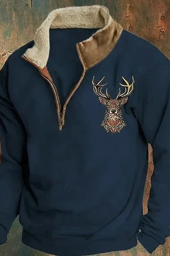 Herre sweatshirt med høj krave, halv lynlås og broderet hjortemotiv