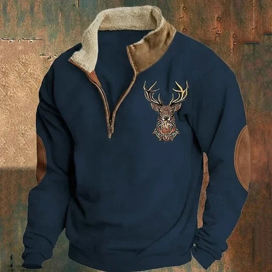 Herre sweatshirt med høj krave, halv lynlås og broderet hjortemotiv