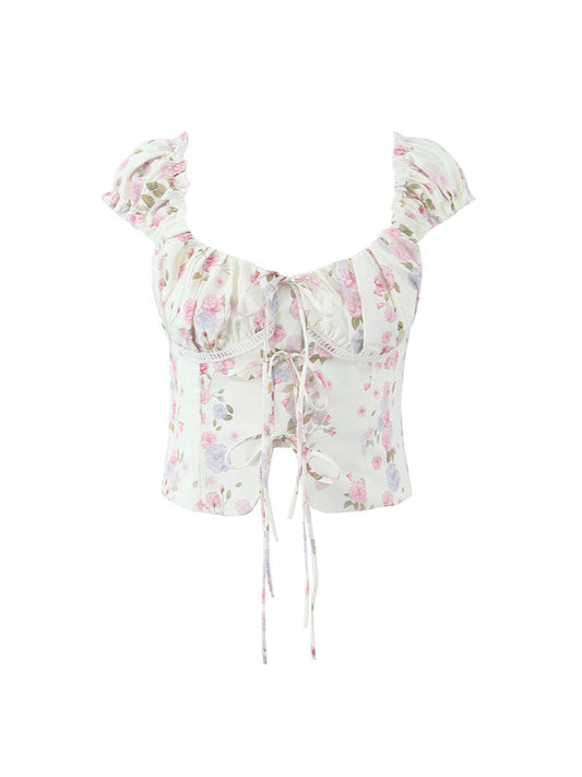 Retro Floral Lace-Up Back Blouse