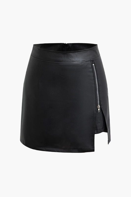 Selene | Moderne Kunstlæder Mini Skirt med Lynlås og Asymmetrisk Slids