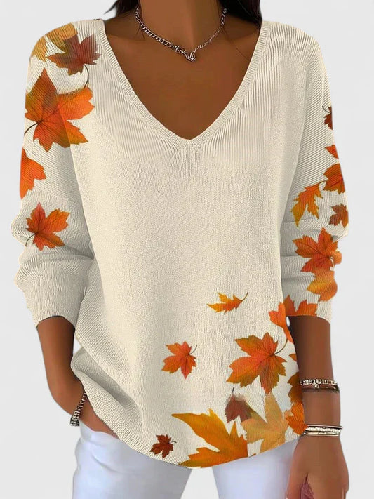 V-Hals Sweater, Bladprint, Dame | VIANNE