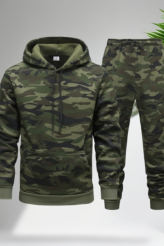 Herre Camouflage Hoodie og Sportssæt | Strikket Polyester | Lange Ærmer | Justerbar Snor i Taljen